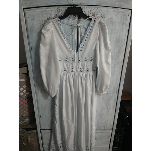 Chelsea & Violet Maxi Puff Sleeve Drop  Crepe Cut Out Vneck Dress Boho Feminine - Picture 8 of 12